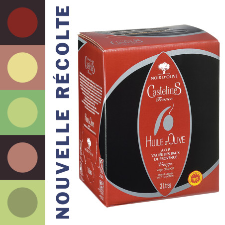 FRUITE NOIR Virgin Olive Oil-AOP Vallée des Baux de Provence-3 liters Bag in Box-Moulin CastelaS France