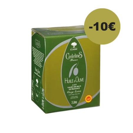 CLASSIC Extra Virgin Olive Oil-AOP Vallée des Baux de Provence-3 liters Bag in Box-Moulin CastelaS France