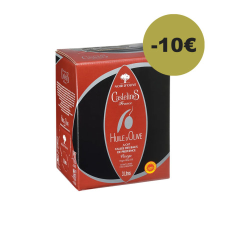 NOIR D'OLIVE Huile d'Olive Vierge-AOP Vallée des Baux de Provence-Bag in Box 3 litres-Moulin CastelaS France