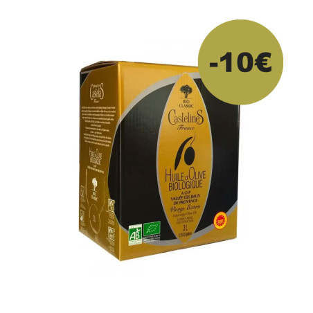 BIO Extra Virgin Olive Oil-AOP Vallée des Baux de Provence-3 liters Bag in Box-Moulin CastelaS France
